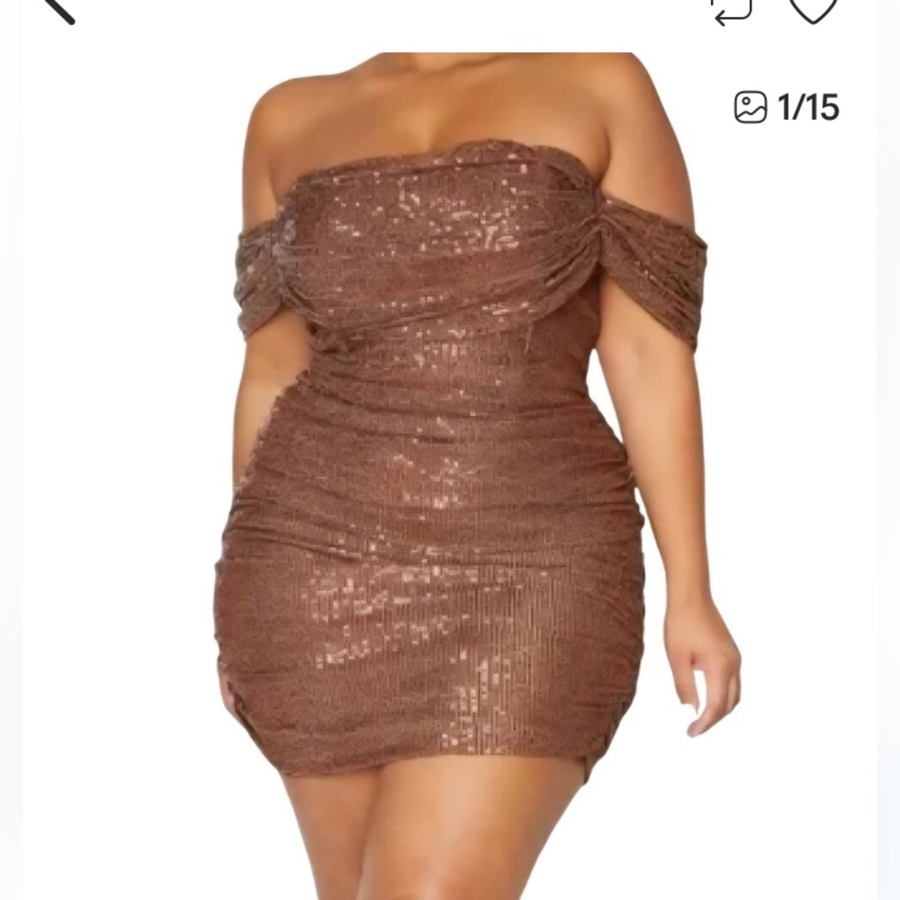🔥 PrettyLittleThing brown sequin mini of the shoulder ruched party Dress size 14